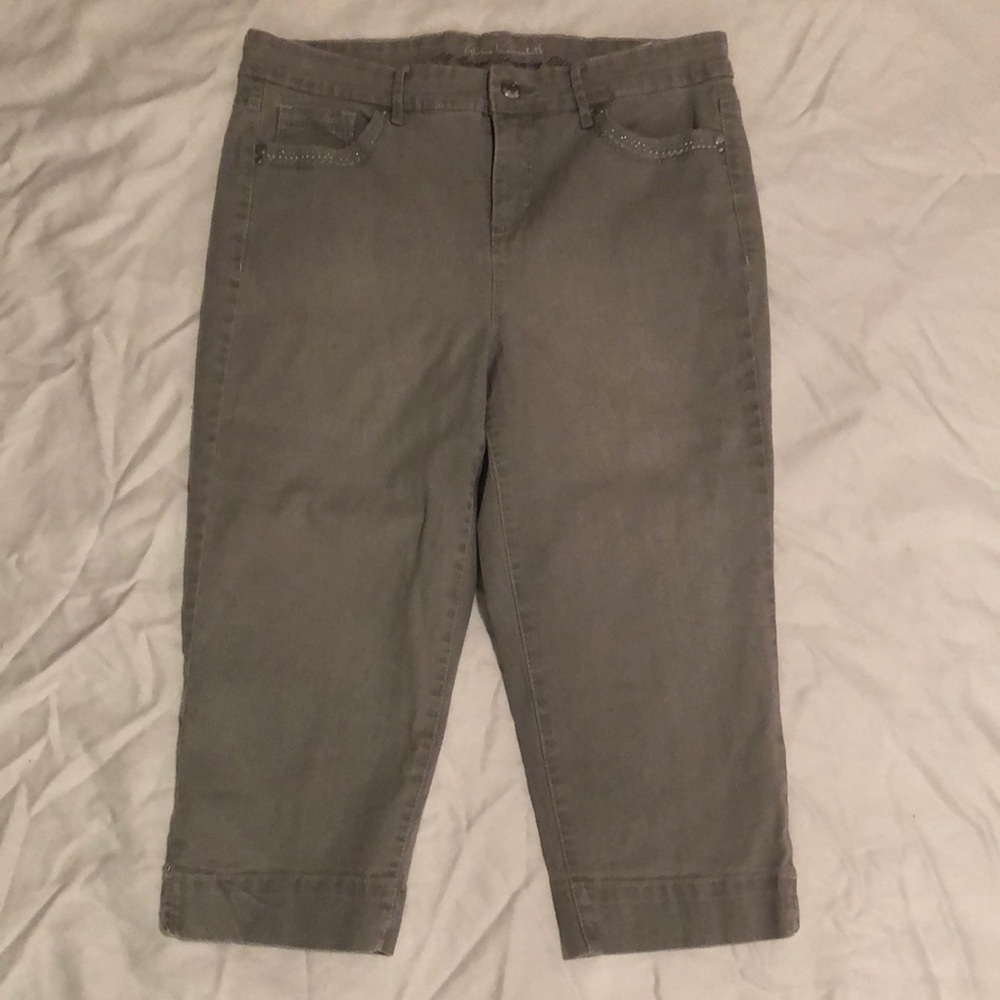 Grey Capris with lace & crystals on pockets